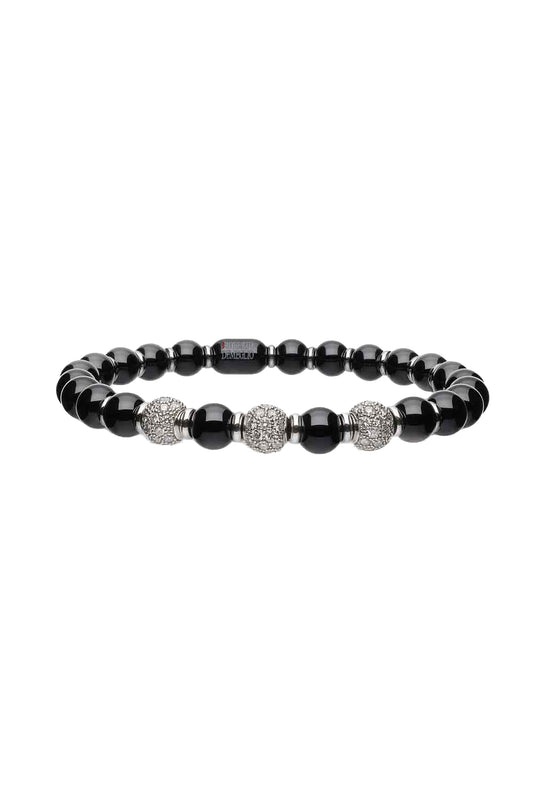 Three Diamond Bead Black Sfera Stretch Bracelet-WHITE GOLD-JEWELRYFINE JEWELBRACELET O-ROBERTO DEMEGLIO