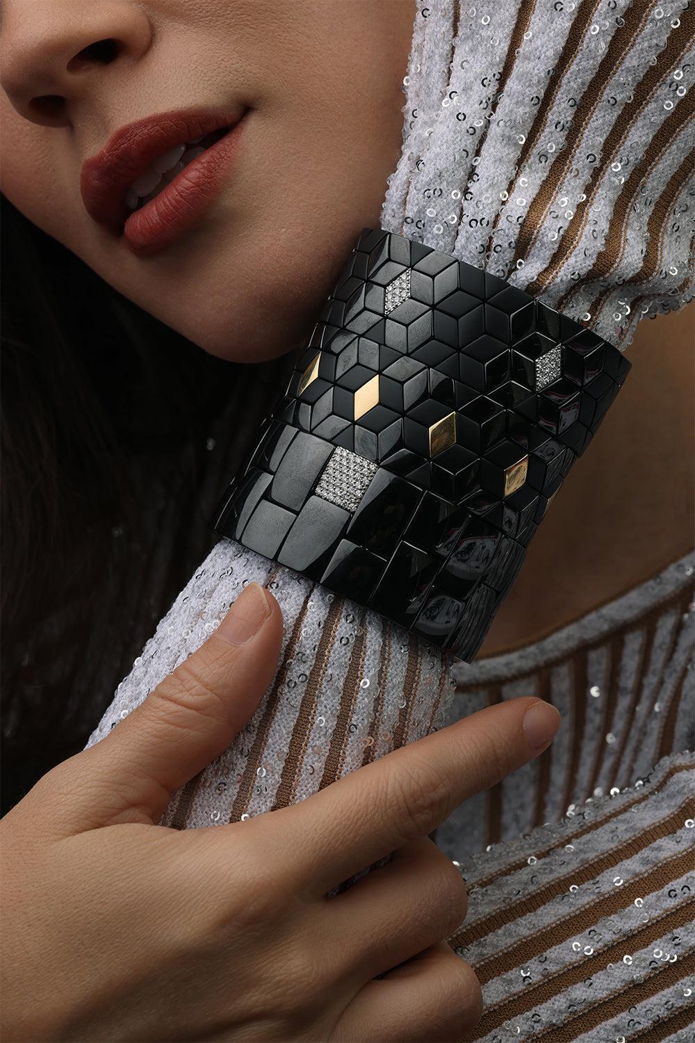Three Gold Diamond Black Cube Stretch Bracelet-WHITE GOLD-JEWELRYFINE JEWELBRACELET O-ROBERTO DEMEGLIO