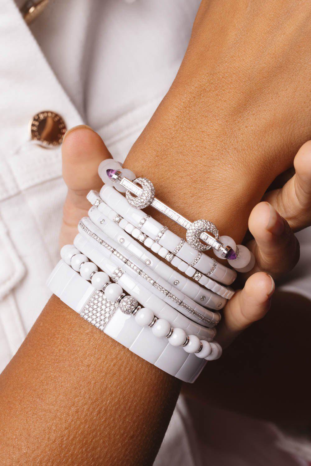 ROBERTO DEMEGLIO-White Ceramic Sfera Stretch Bracelet-WHITE GOLD