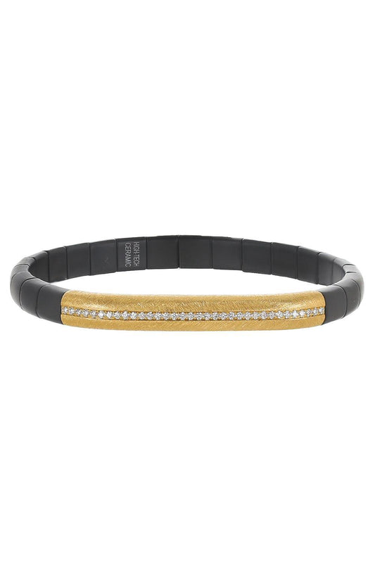 Diamond Bar Black Satin Ceramic Bracelet-YELLOW GOLD-JEWELRYFINE JEWELBRACELET O-ROBERTO DEMEGLIO