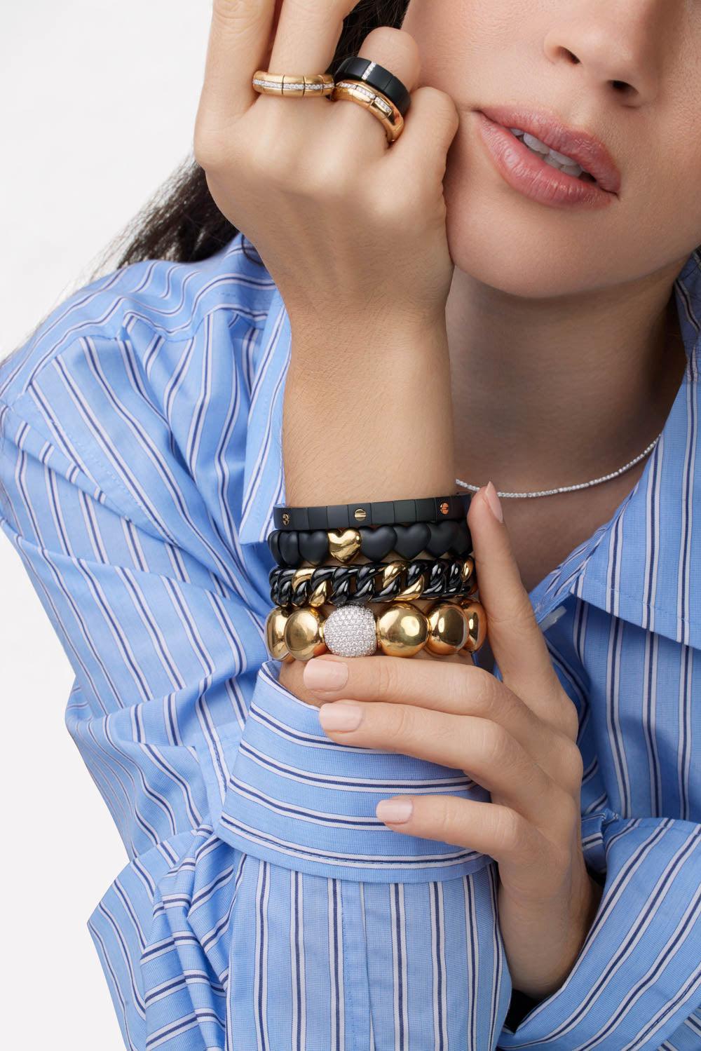 Screw Matte Black Ceramic Stretch Bracelet-YELLOW GOLD-JEWELRYFINE JEWELBRACELET O-ROBERTO DEMEGLIO