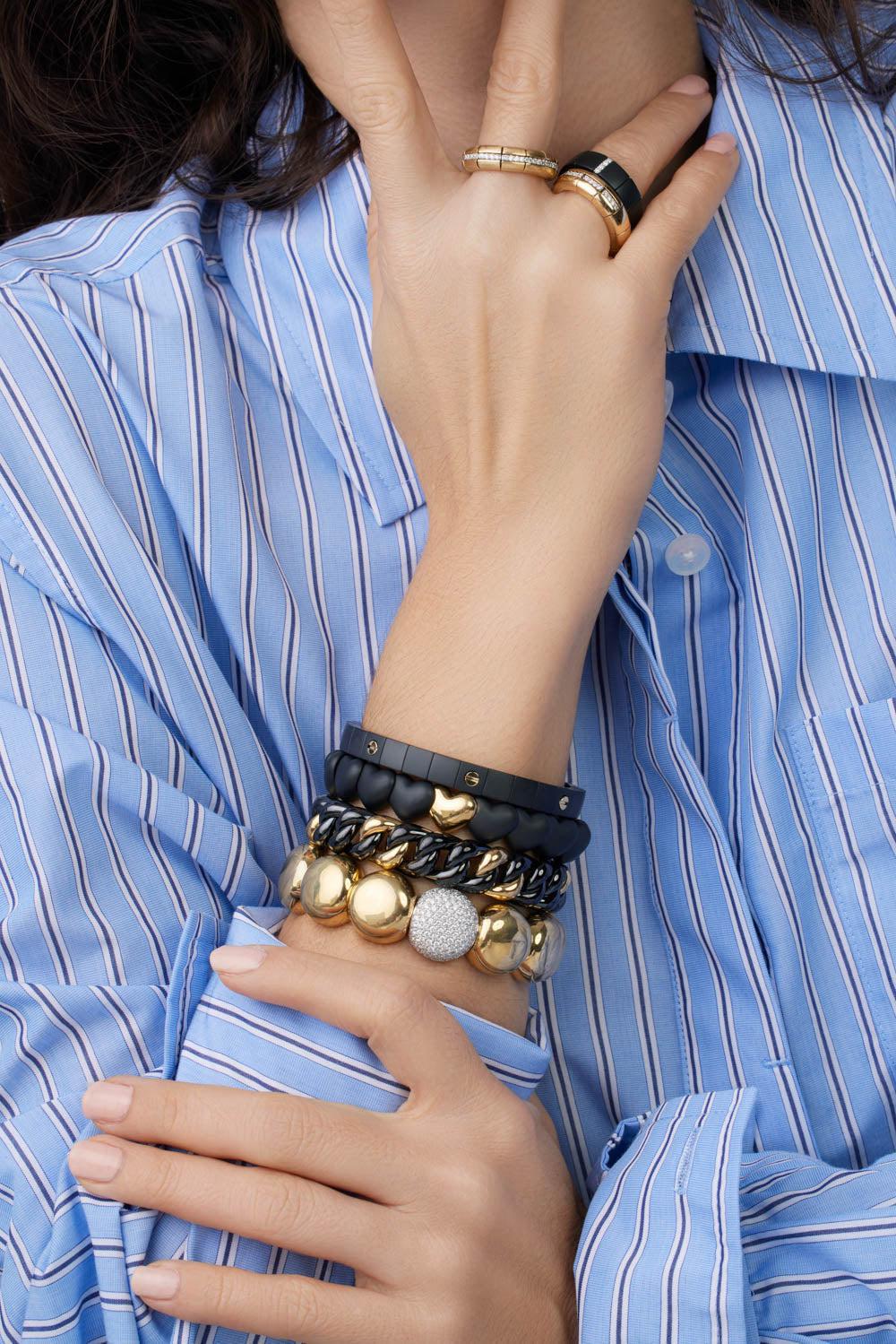 Screw Matte Black Ceramic Stretch Bracelet-YELLOW GOLD-JEWELRYFINE JEWELBRACELET O-ROBERTO DEMEGLIO