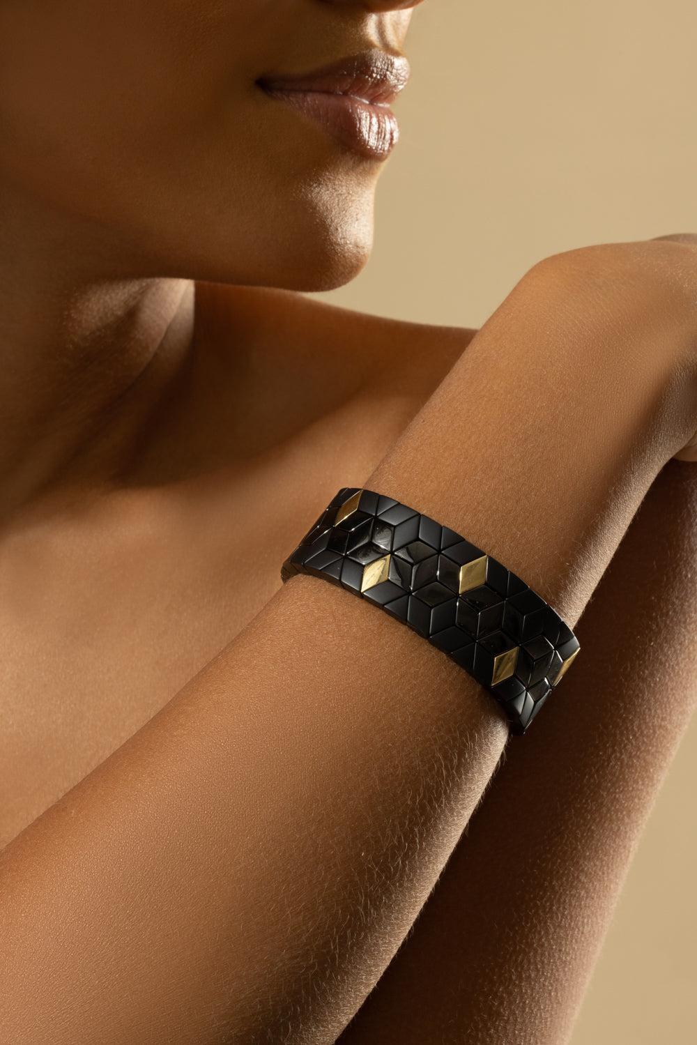 Ten Station Black Cube Stretch Bracelet-YELLOW GOLD-JEWELRYFINE JEWELBRACELET O-ROBERTO DEMEGLIO