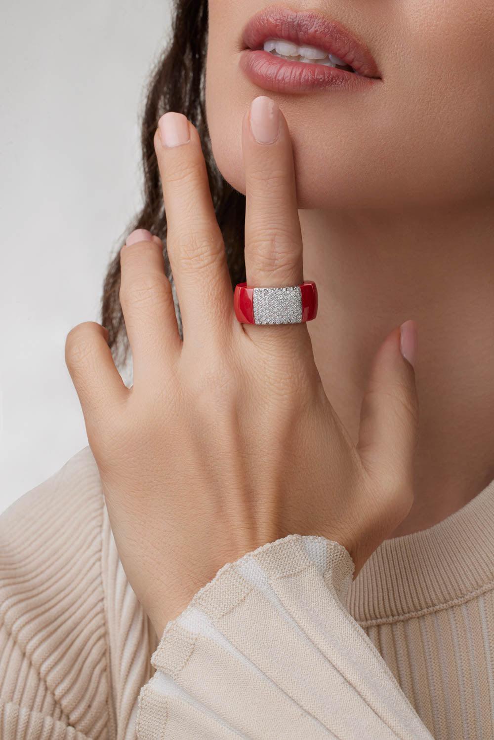 Red Ceramic Diamond Pave Domino Ring-WHITE GOLD-6-JEWELRYFINE JEWELRING-ROBERTO DEMEGLIO
