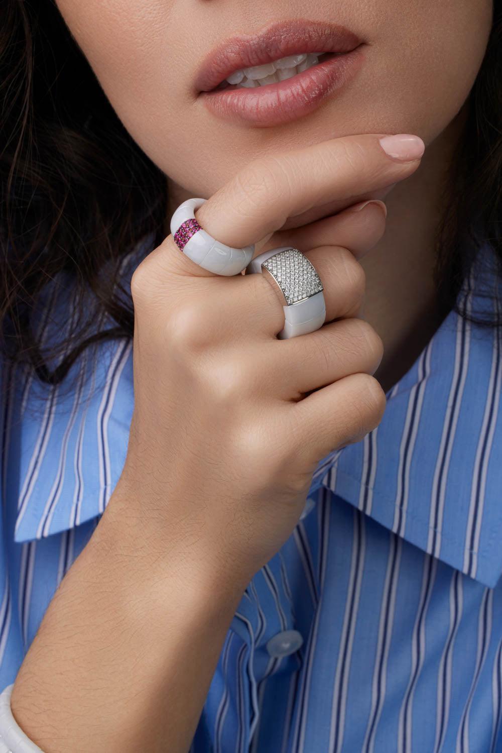 White Ceramic Diamond Pave Domino Ring-WHITE GOLD-6-JEWELRYFINE JEWELRING-ROBERTO DEMEGLIO