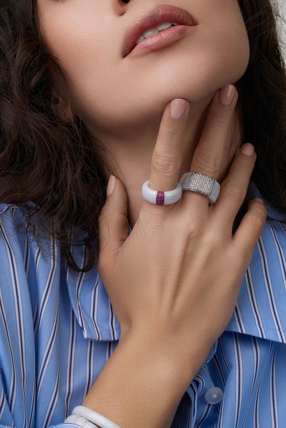 White Ceramic Diamond Pave Domino Ring-WHITE GOLD-6-JEWELRYFINE JEWELRING-ROBERTO DEMEGLIO