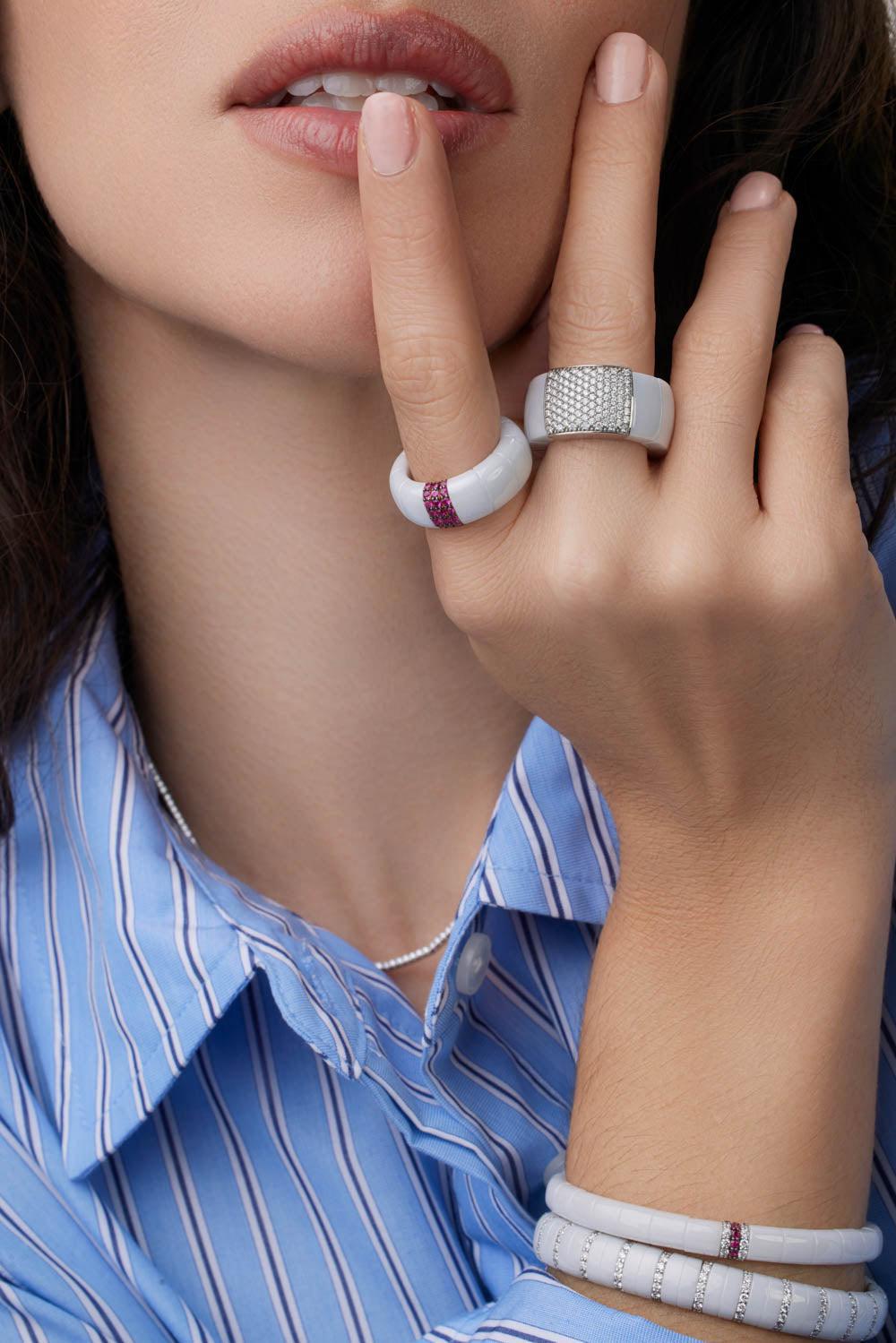 White Ceramic Diamond Pave Domino Ring-WHITE GOLD-6-JEWELRYFINE JEWELRING-ROBERTO DEMEGLIO