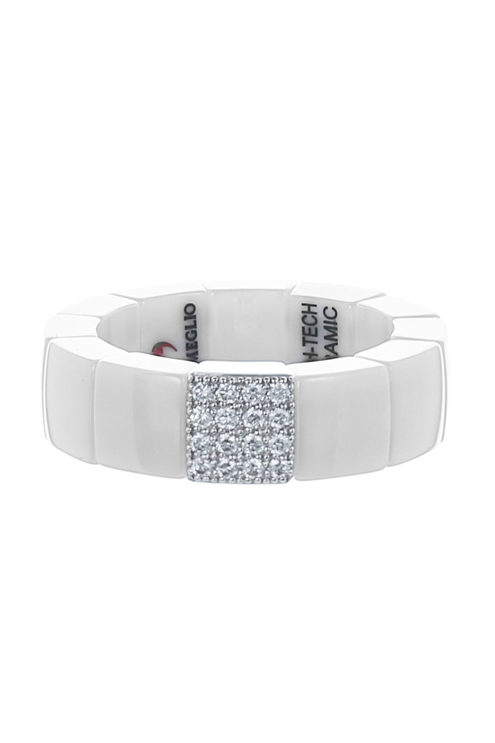ROBERTO DEMEGLIO-1 Row Diamond White Ceramic Scacco Stretch Ring-WHITE GOLD