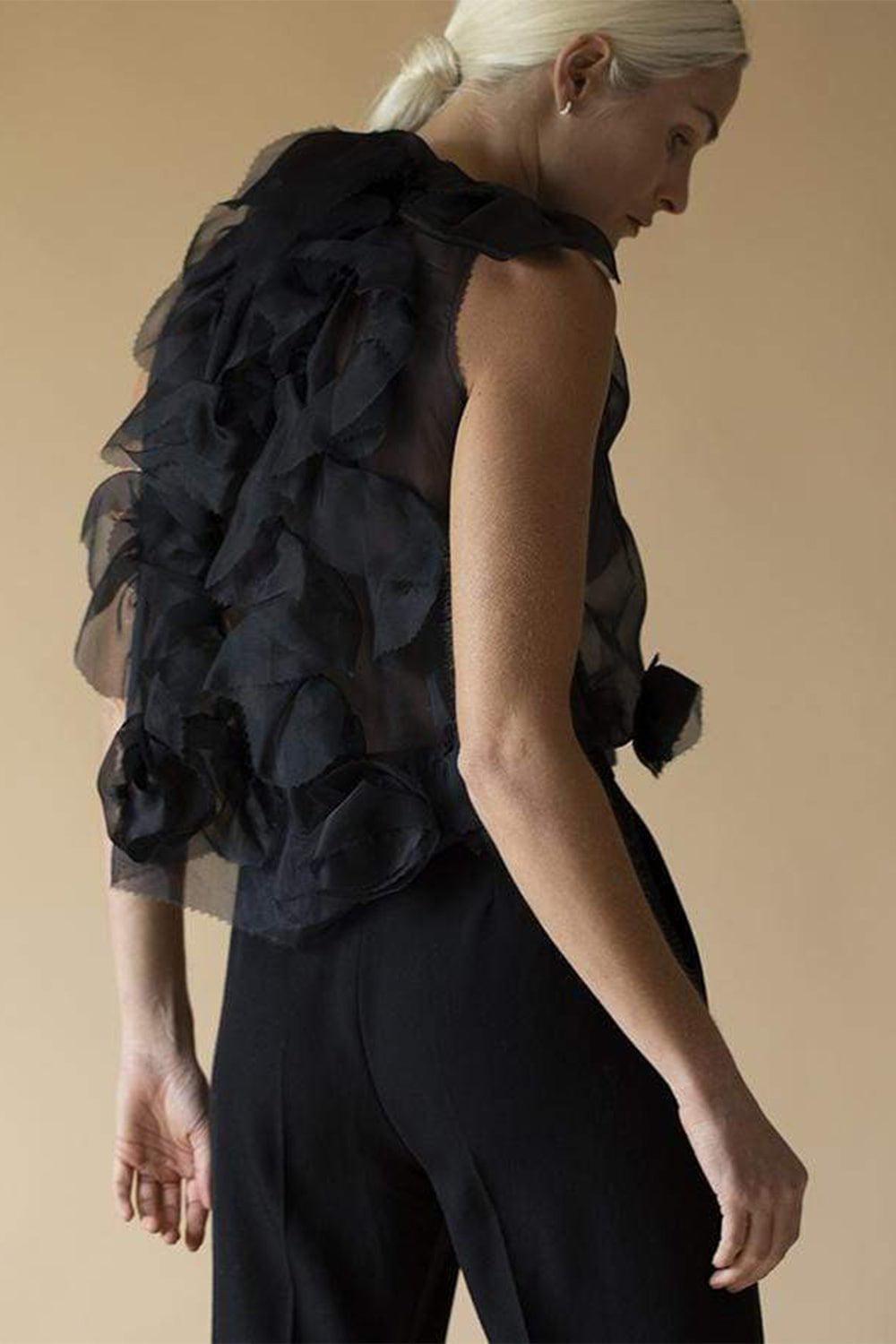 RODARTE-Silk Organza Top with Rosettes-BLACK