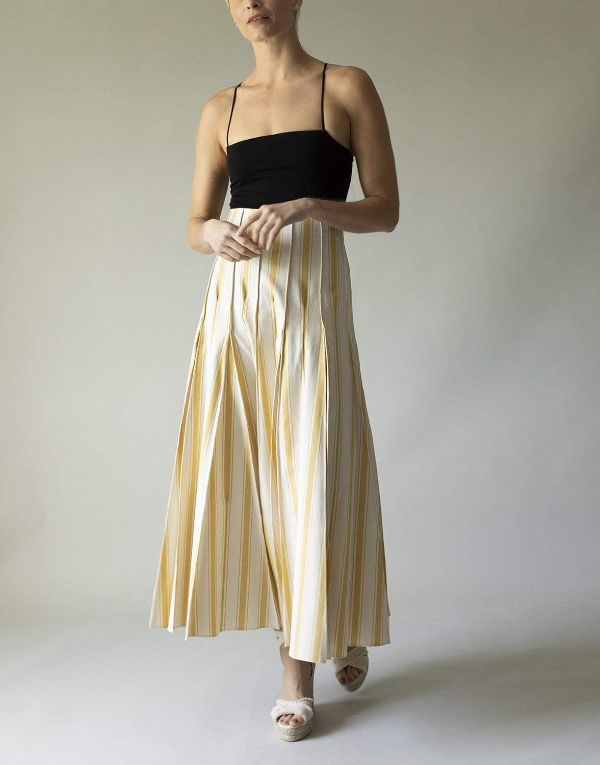 ROSIE ASSOULIN-Yellow and White Million Pleats Maxi Skirt-