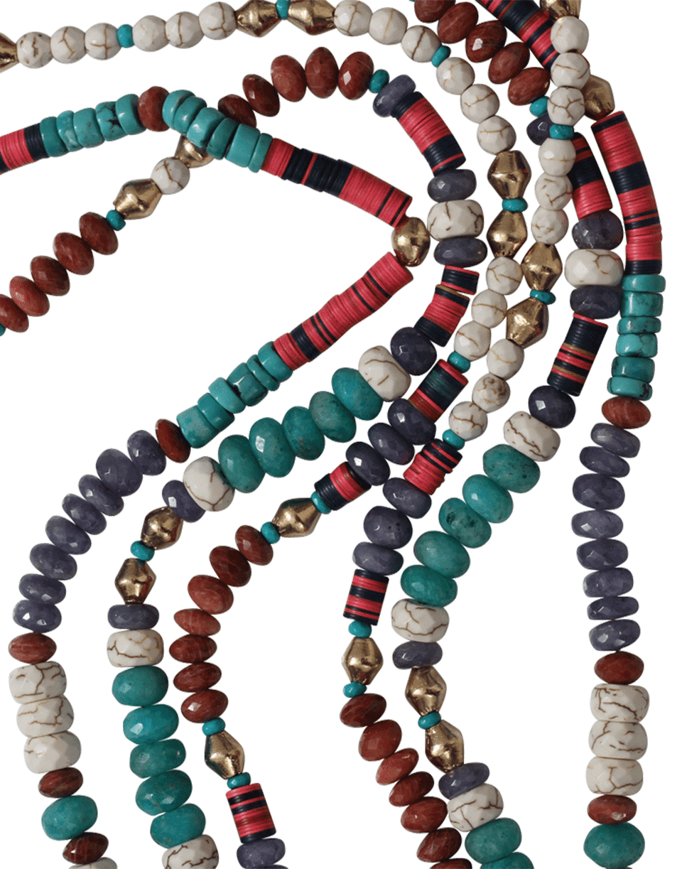 ROYAL NOMAD JEWELRY-Three Strand Tanzanite And Gold Bead Necklace-RED/TURQ