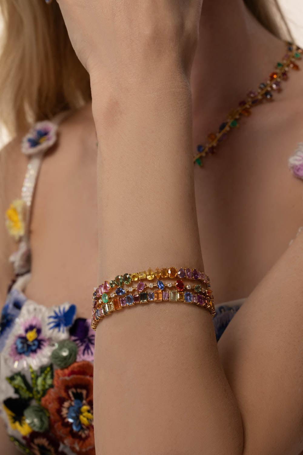 RUCHI NEW YORK-Desert Blooms Multi-colored Sapphire Tennis Bracelet-YELLOW GOLD