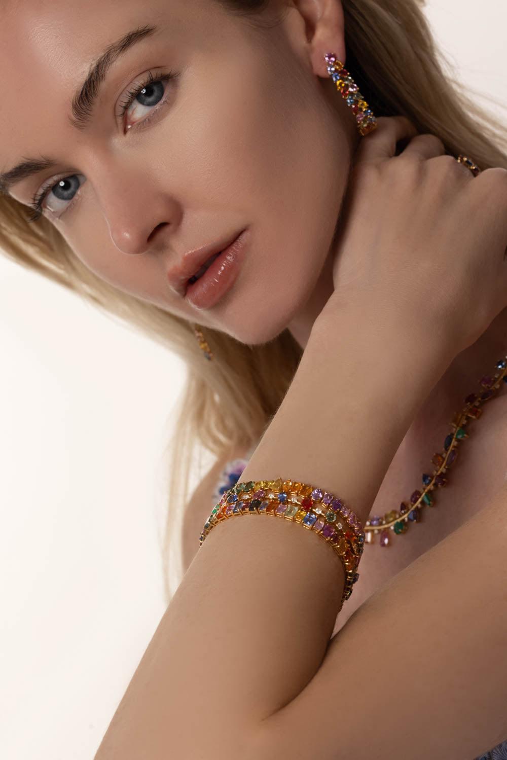 RUCHI NEW YORK-Desert Blooms Multi-colored Sapphire Tennis Bracelet-YELLOW GOLD