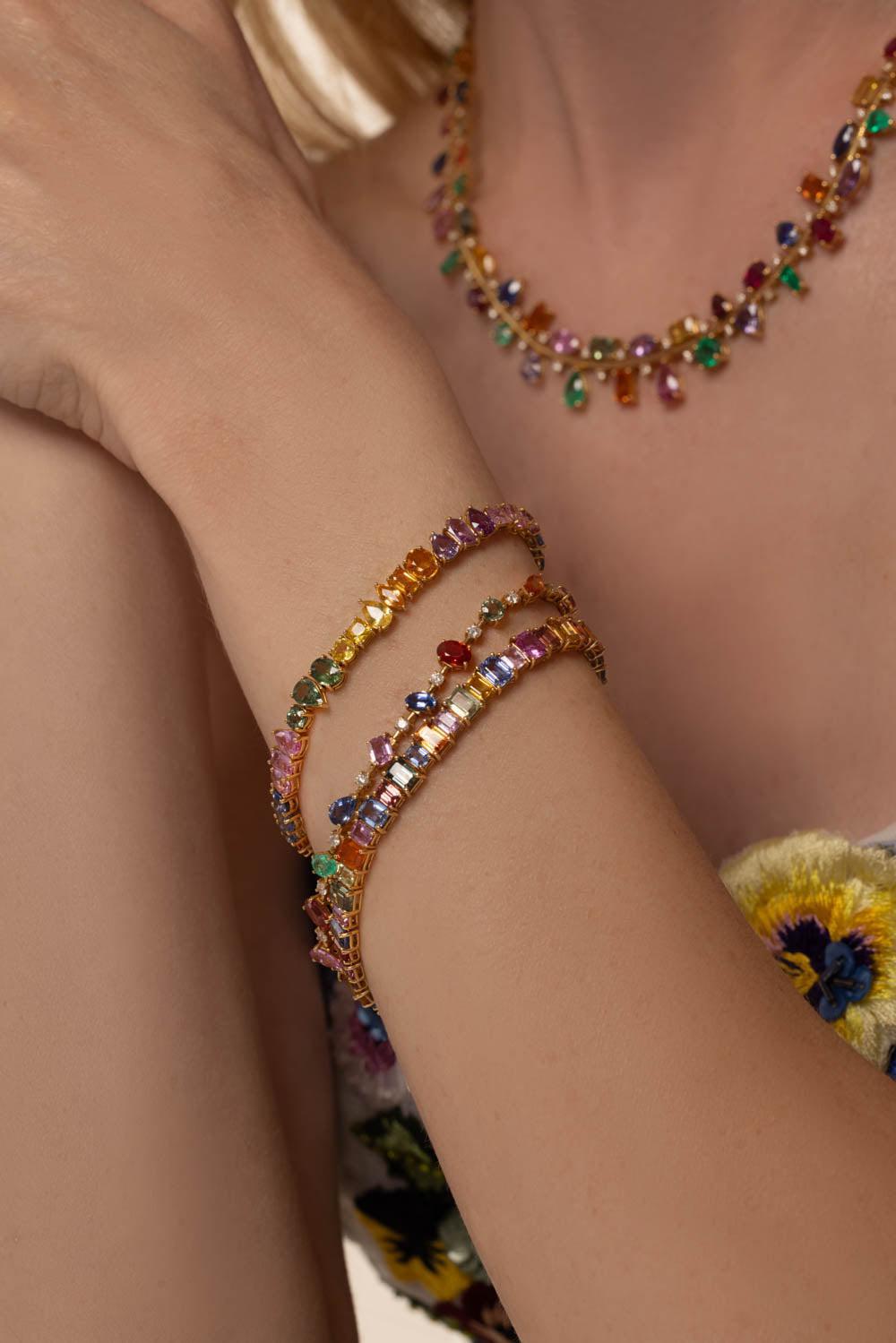 RUCHI NEW YORK-Mixed Shape Multi-colored Sapphire Knife Edge Tennis Bracelet-YELLOW GOLD