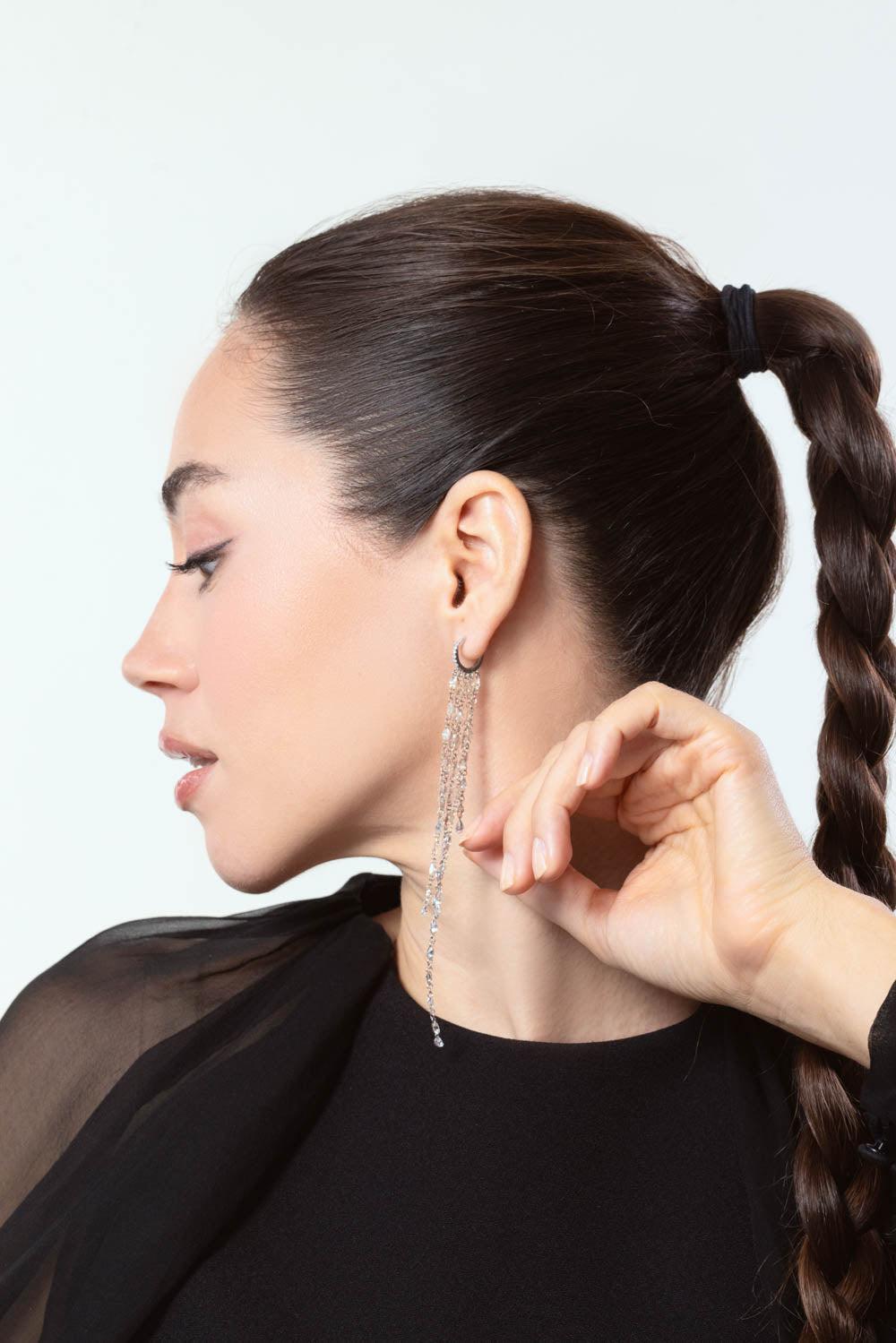 RUCHI NEW YORK-Marquise Diamond Shimmer Strand Huggie Earrings-WHITE GOLD