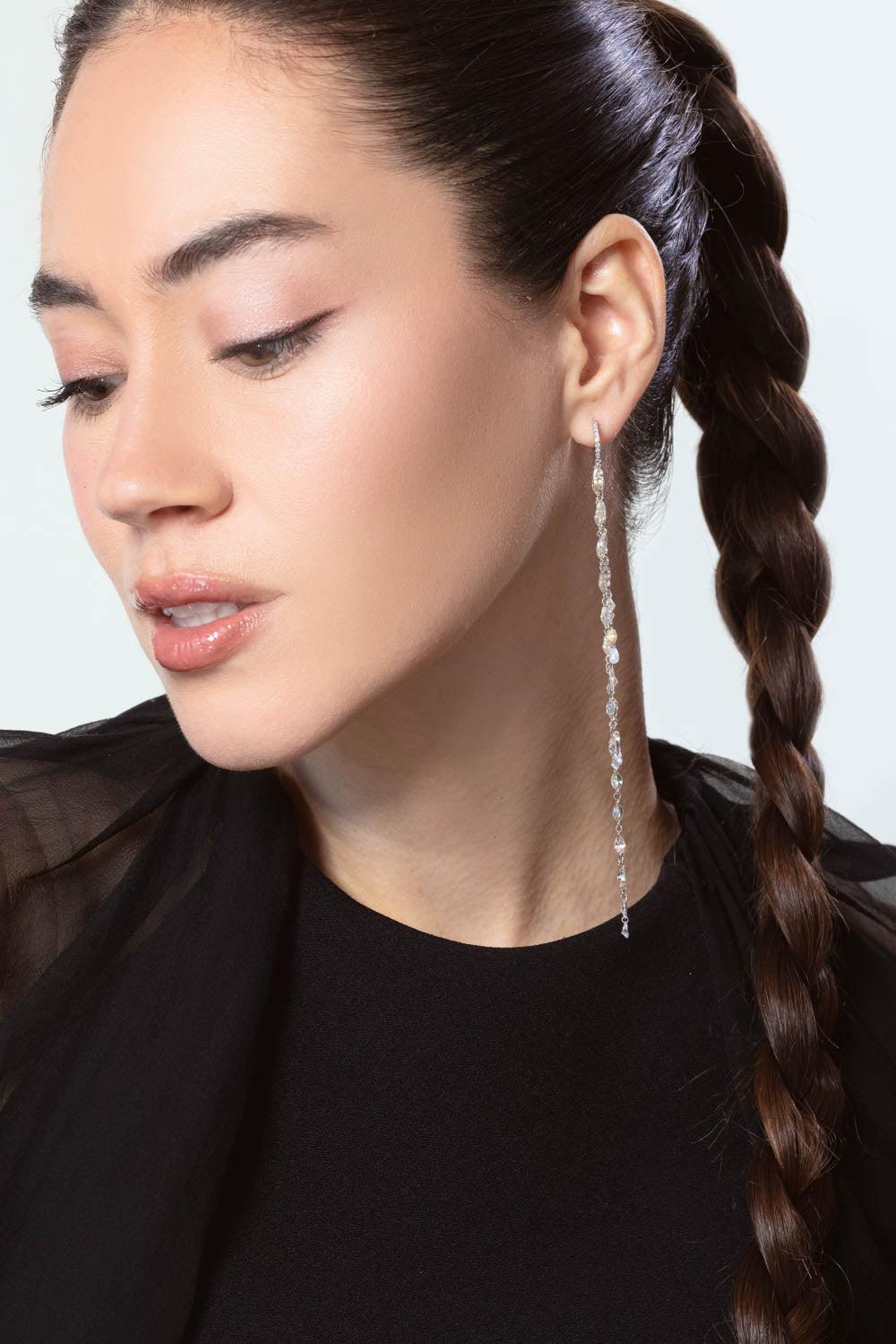 RUCHI NEW YORK-Marquise Diamond Shimmer Strand Huggie Earrings-WHITE GOLD