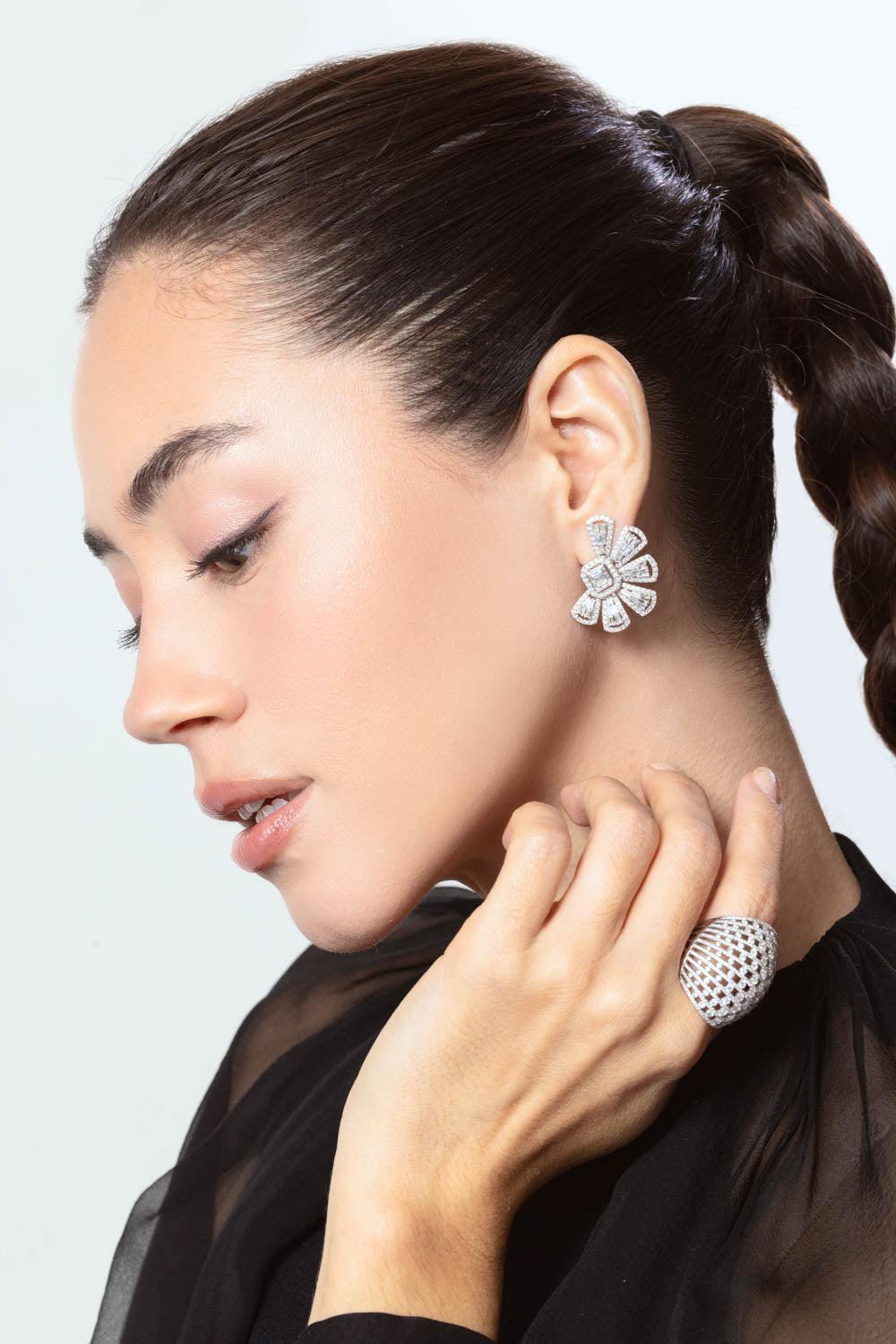 RUCHI NEW YORK-Mix Shape Diamond Fan Stud Earrings-WHITE GOLD