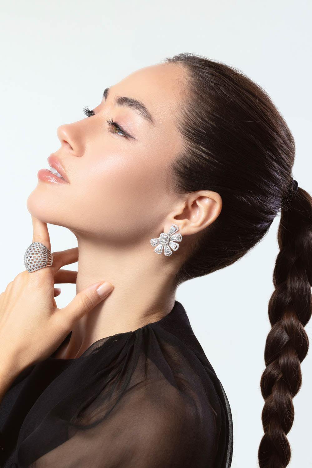 RUCHI NEW YORK-Mix Shape Diamond Fan Stud Earrings-WHITE GOLD