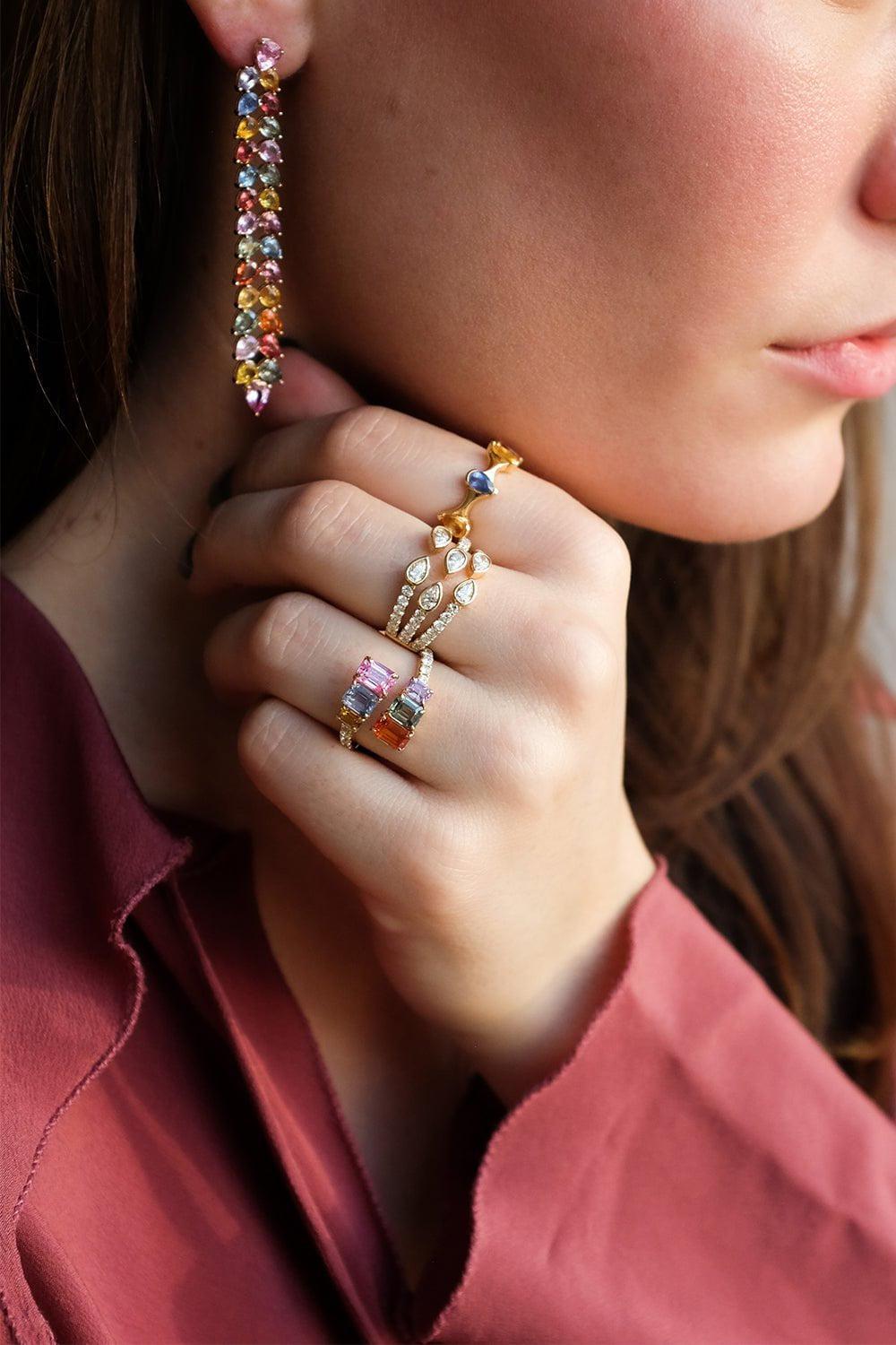 RUCHI NEW YORK-Desert Blooms Wildflower Multi Sapphire Linear Earrings-YELLOW GOLD