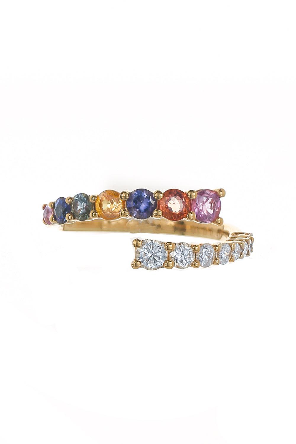 RUCHI NEW YORK-Rainbow Mixed Sapphire Diamond Bypass Ring-YELLOW GOLD