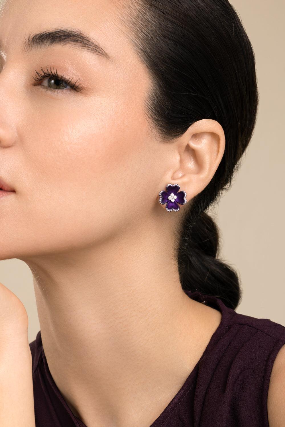 Diamond Purple Flower Stud Elemento Earrings-TITANIUM-JEWELRYFINE JEWELEARRING-SABOO FINE JEWELS