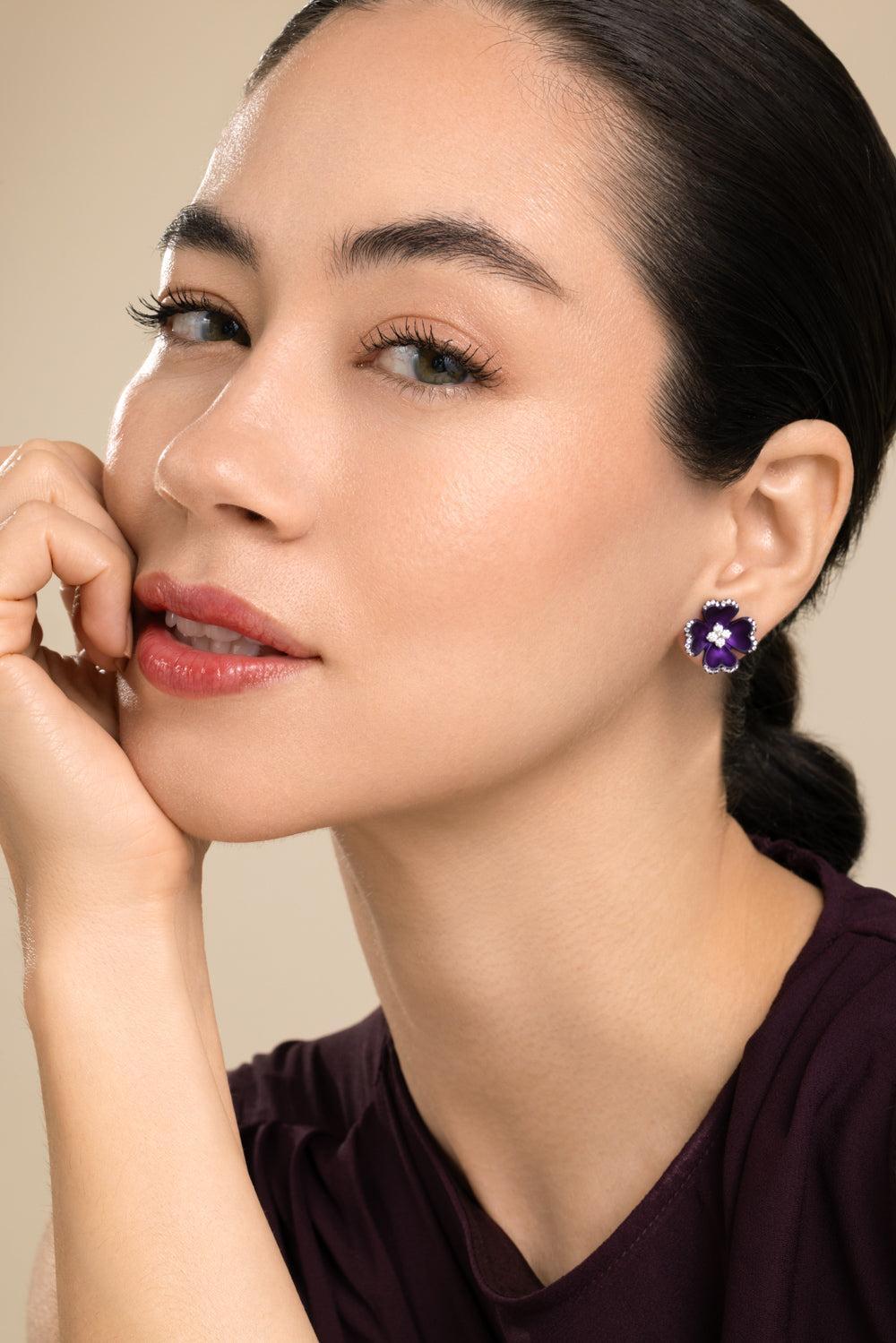 Diamond Purple Flower Stud Elemento Earrings-TITANIUM-JEWELRYFINE JEWELEARRING-SABOO FINE JEWELS
