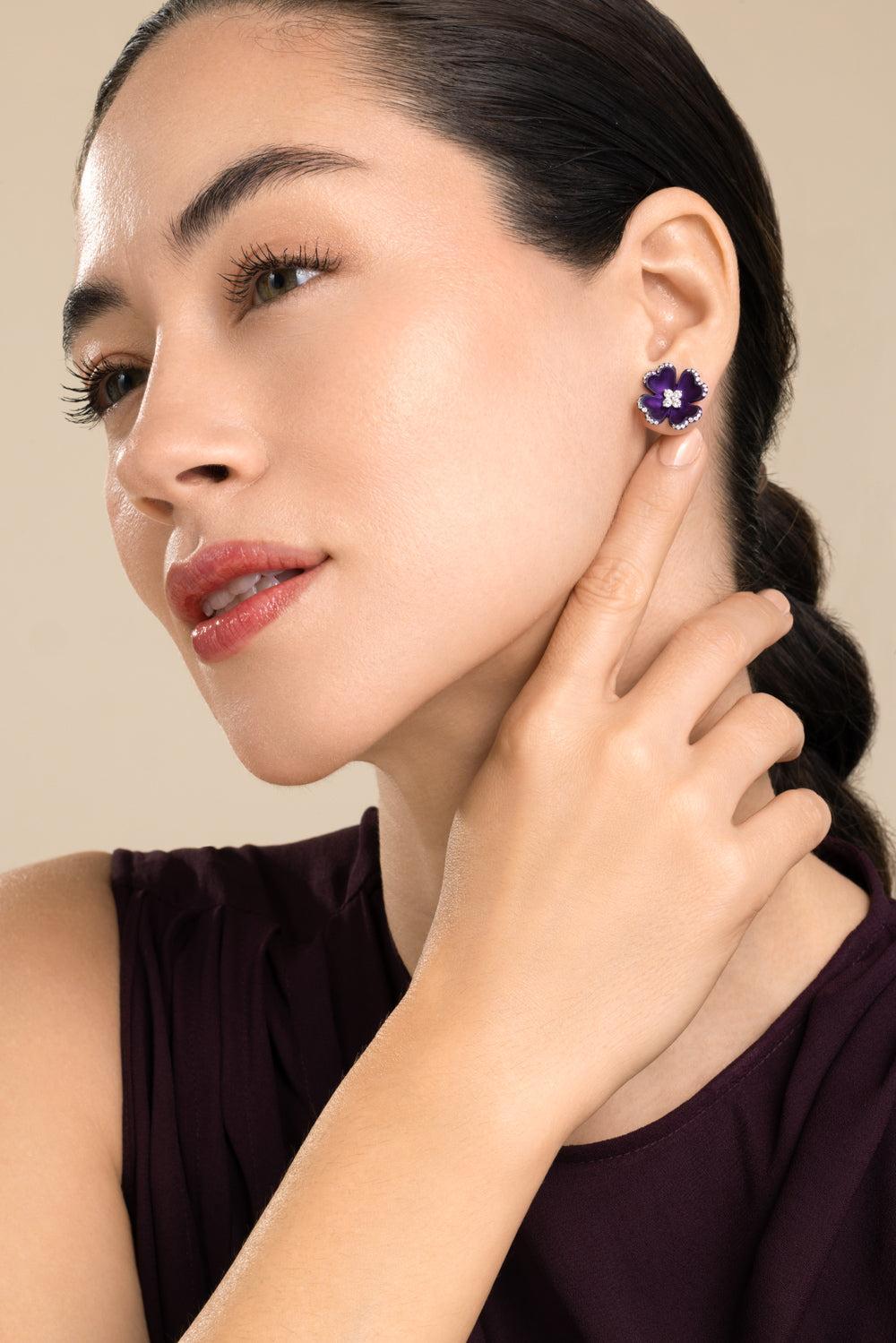 Diamond Purple Flower Stud Elemento Earrings-TITANIUM-JEWELRYFINE JEWELEARRING-SABOO FINE JEWELS