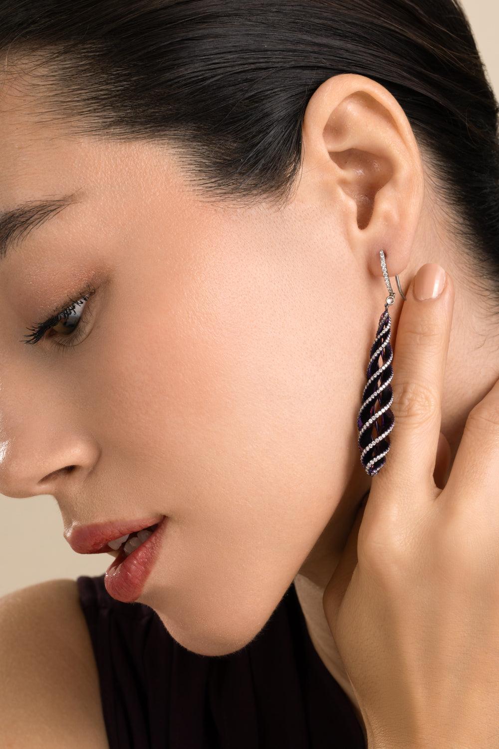 Diamond Purple Long Drop Elemento Earrings-TITANIUM-JEWELRYFINE JEWELEARRING-SABOO FINE JEWELS