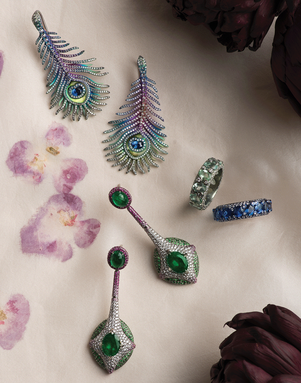 SABOO FINE JEWELS-Elemento Peacock Feather Earrings-TITANIUM