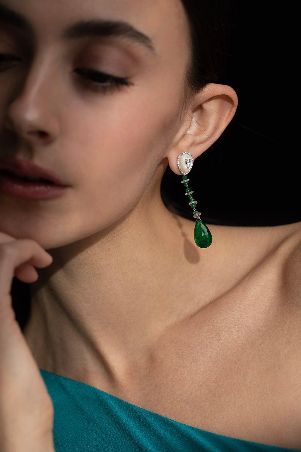 SABOO FINE JEWELS-Emerald , Mother of Pearl and Diamond Drop Earrings-WHITE GOLD