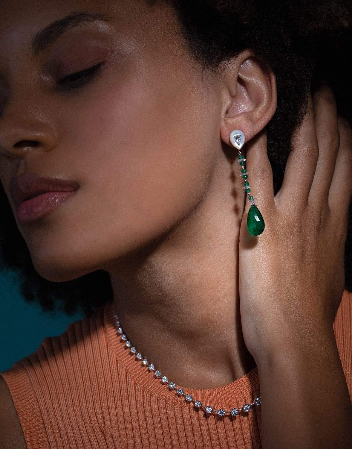 SABOO FINE JEWELS-Emerald , Mother of Pearl and Diamond Drop Earrings-WHITE GOLD