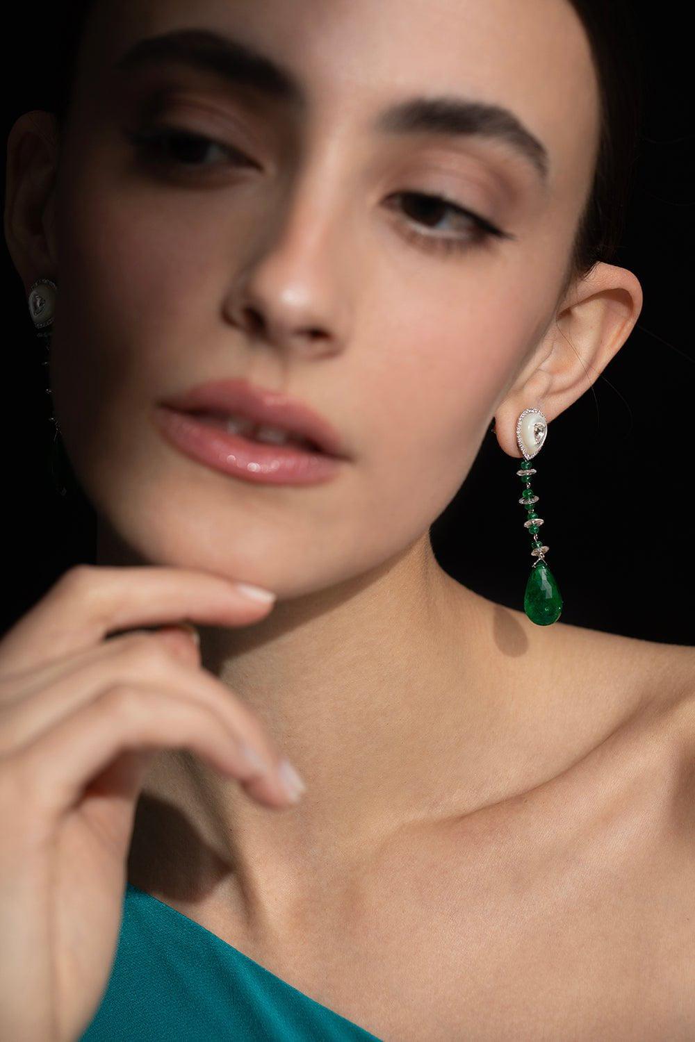 SABOO FINE JEWELS-Emerald , Mother of Pearl and Diamond Drop Earrings-WHITE GOLD