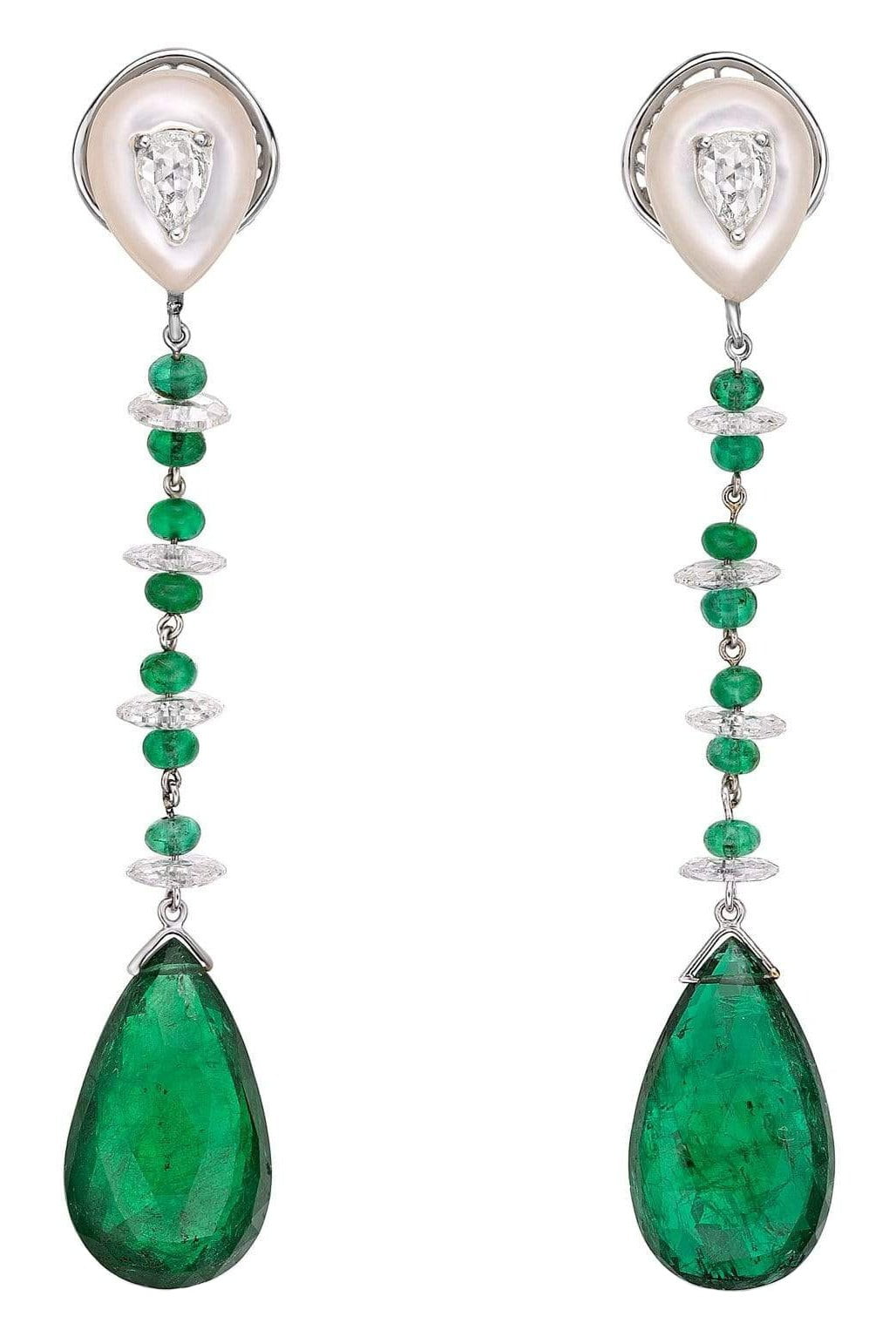 SABOO FINE JEWELS-Emerald , Mother of Pearl and Diamond Drop Earrings-WHITE GOLD