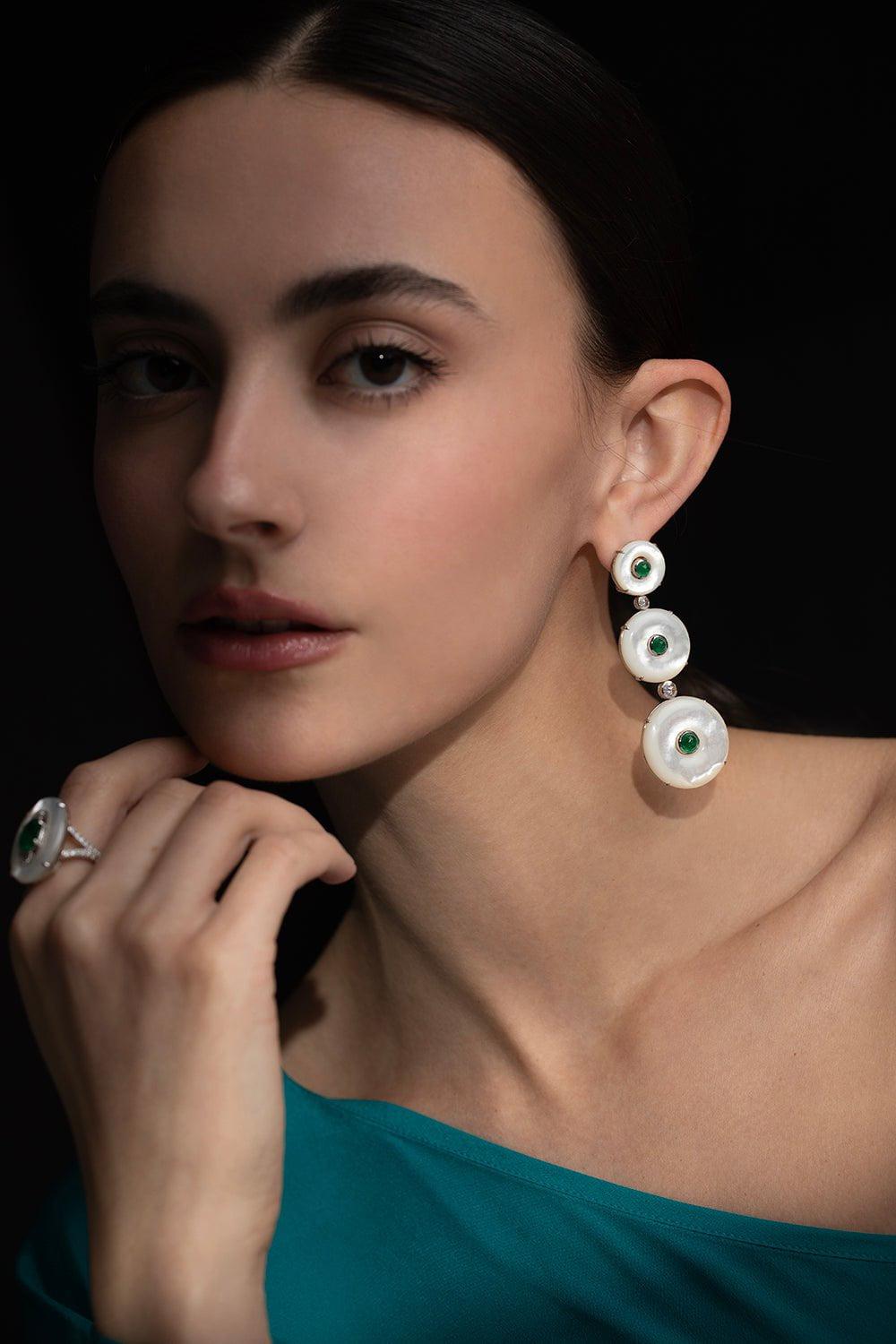 SABOO FINE JEWELS-Emerald Pearl Drop Earrings-WHITE GOLD