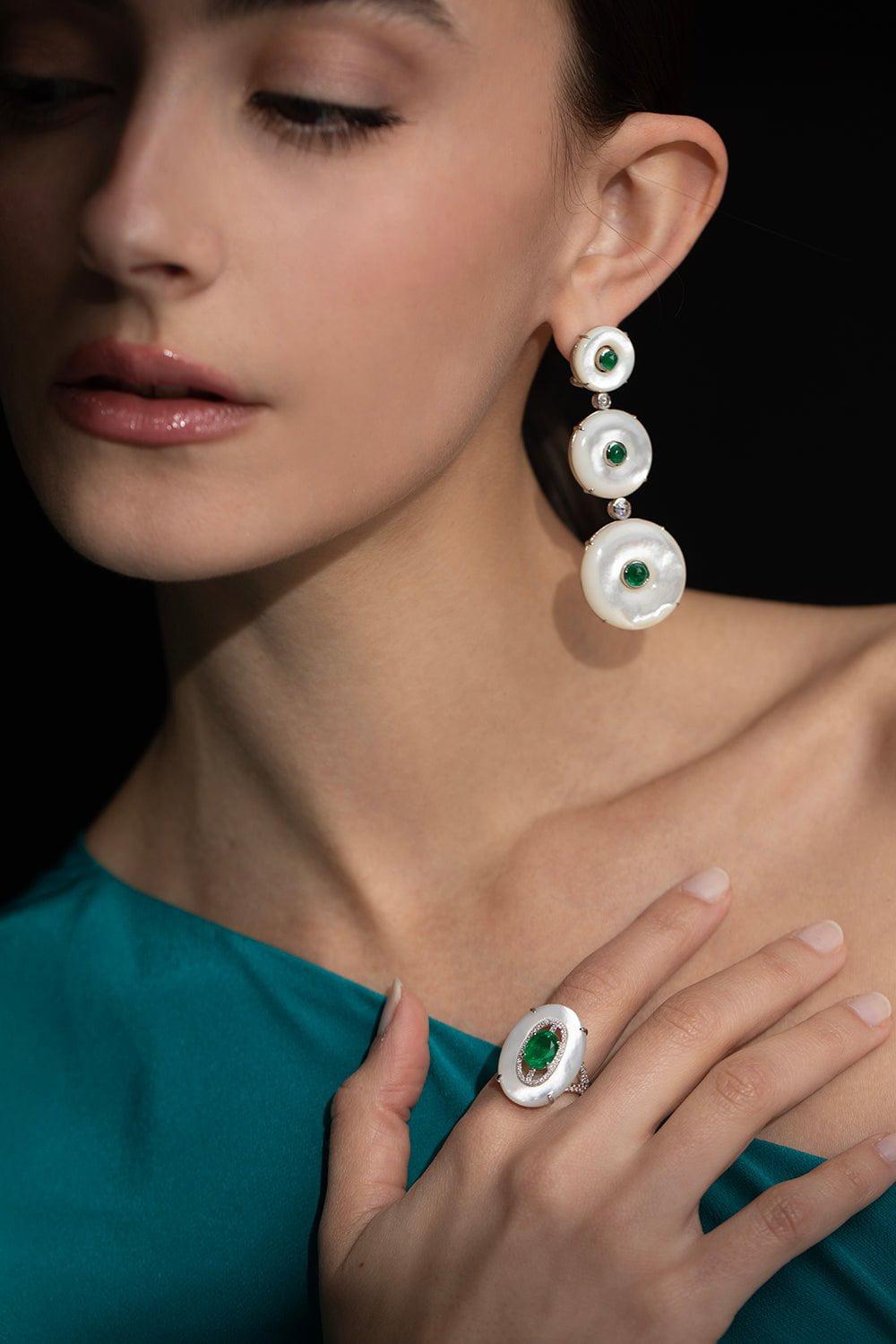 SABOO FINE JEWELS-Emerald Pearl Drop Earrings-WHITE GOLD