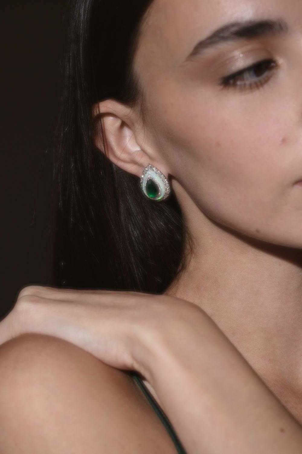 SABOO FINE JEWELS-Emerald Rosecut Carved Opal Earrings-WHITE GOLD