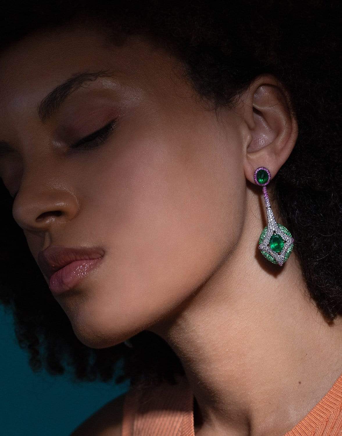 SABOO FINE JEWELS-Emerald, Tsavorite, Diamond, Pink Sapphire and Ruby Earrings-WHITE GOLD