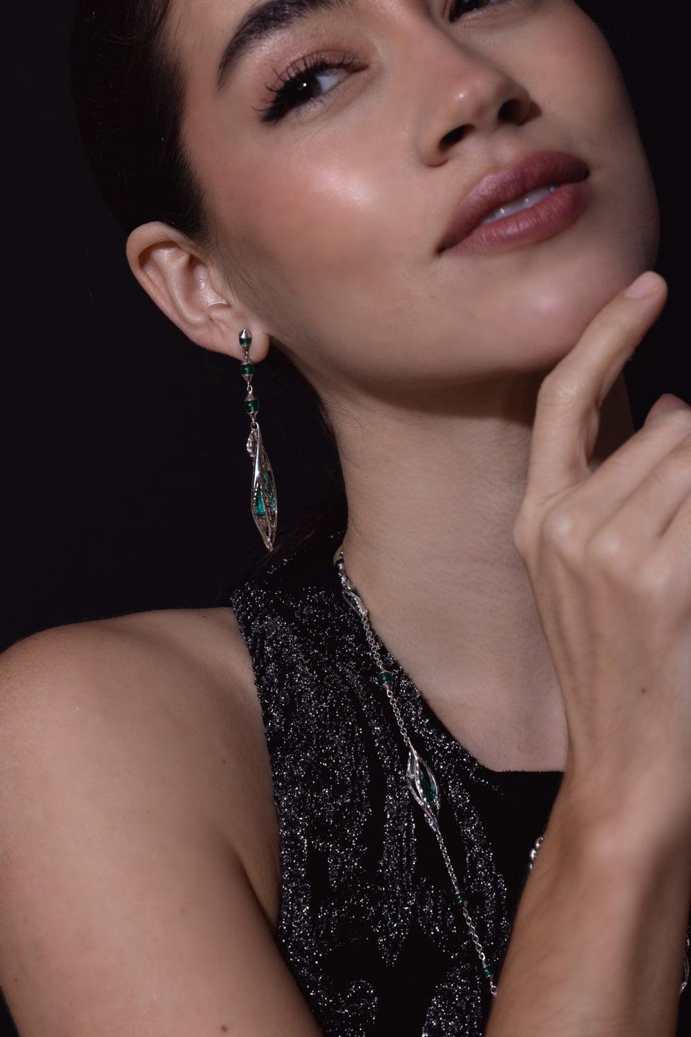 SABOO FINE JEWELS-Emerald Tube Drop Earrings-WHITE GOLD