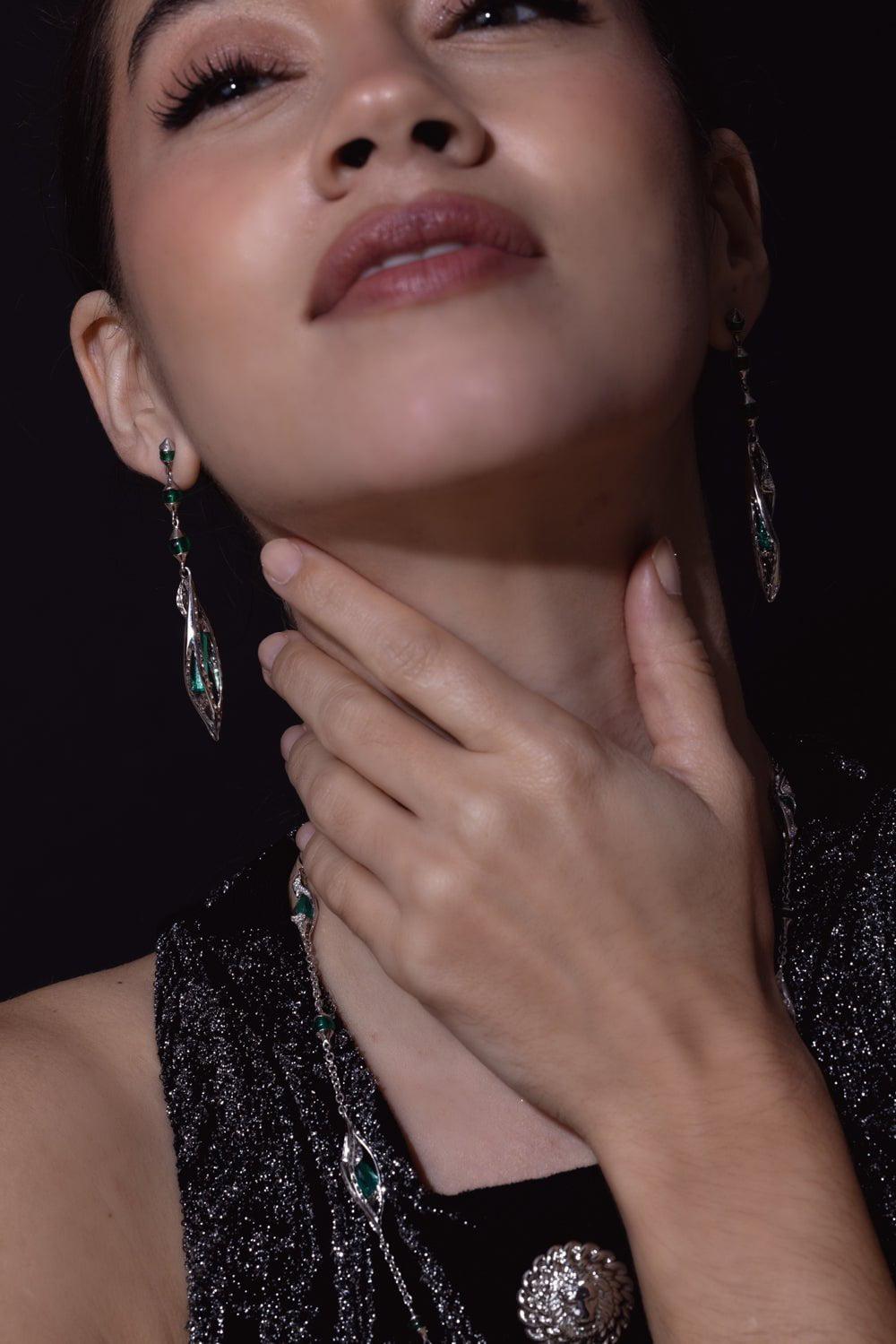 SABOO FINE JEWELS-Emerald Tube Drop Earrings-WHITE GOLD