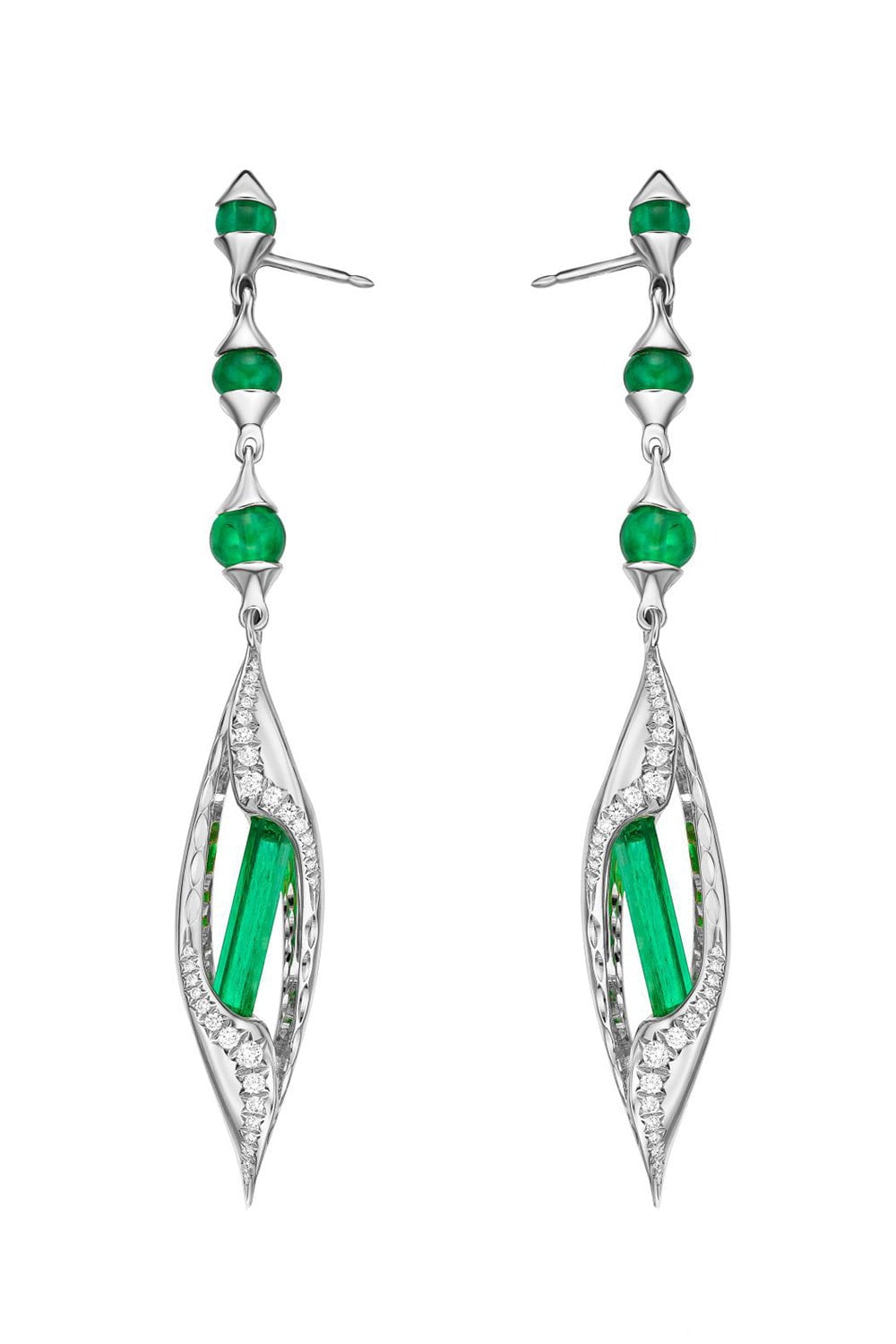 SABOO FINE JEWELS-Emerald Tube Drop Earrings-WHITE GOLD