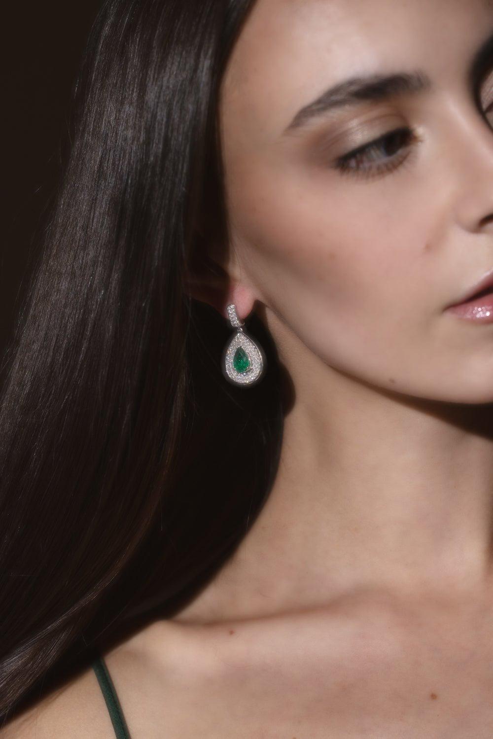 SABOO FINE JEWELS-Royale Emerald Diamond Earrings-WHITE GOLD