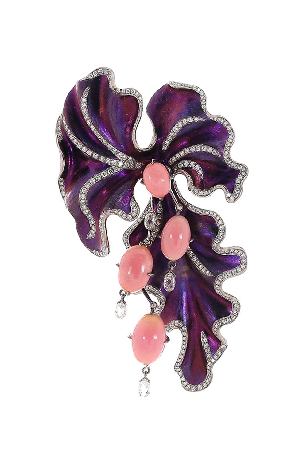  Conch Pearl Diamond Briolett Purple Floral Brooch-TITANIUM-JEWELRYFINE JEWELPIN-SABOO FINE JEWELS 
