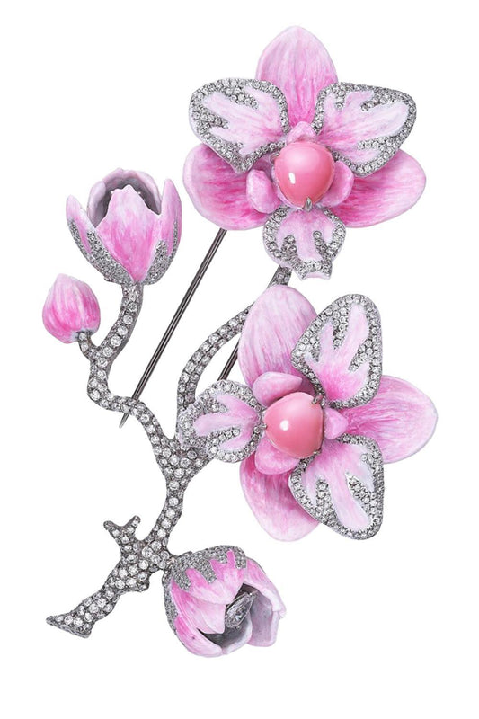 Conch Pearl Diamond Flower Brooch-WHITE GOLD-JEWELRYFINE JEWELPIN-SABOO FINE JEWELS