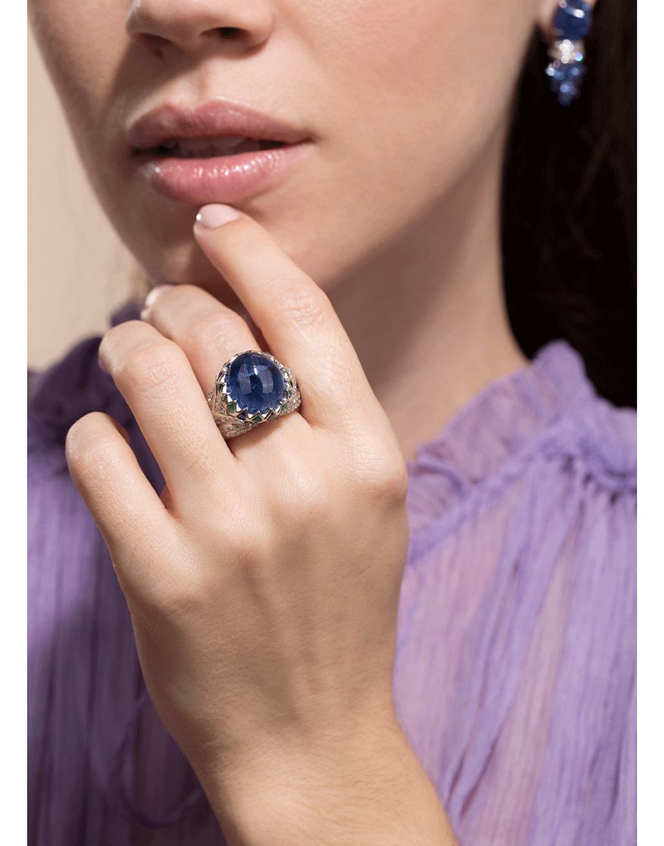 SABOO FINE JEWELS-Blue Sapphire, Emerald, Diamond and Jade Ring-PLAT