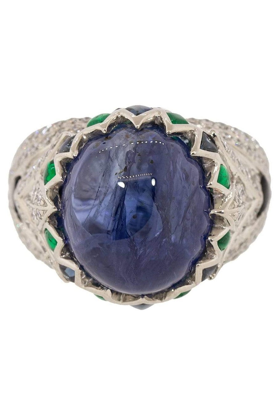 SABOO FINE JEWELS-Blue Sapphire, Emerald, Diamond and Jade Ring-PLAT