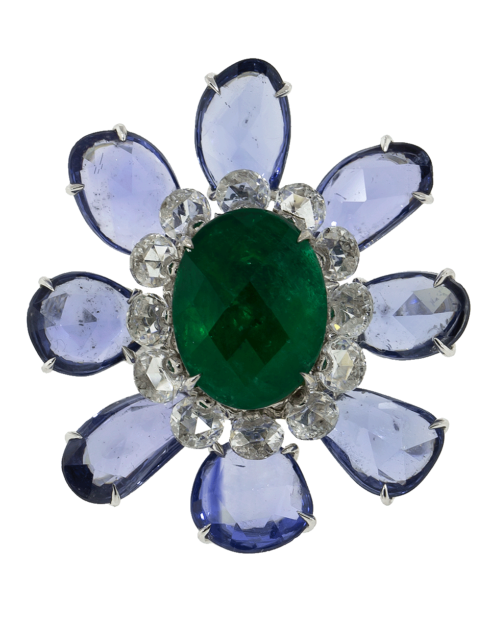 SABOO FINE JEWELS-Blue Sapphire and Emerald Flower Ring-WHITE GOLD