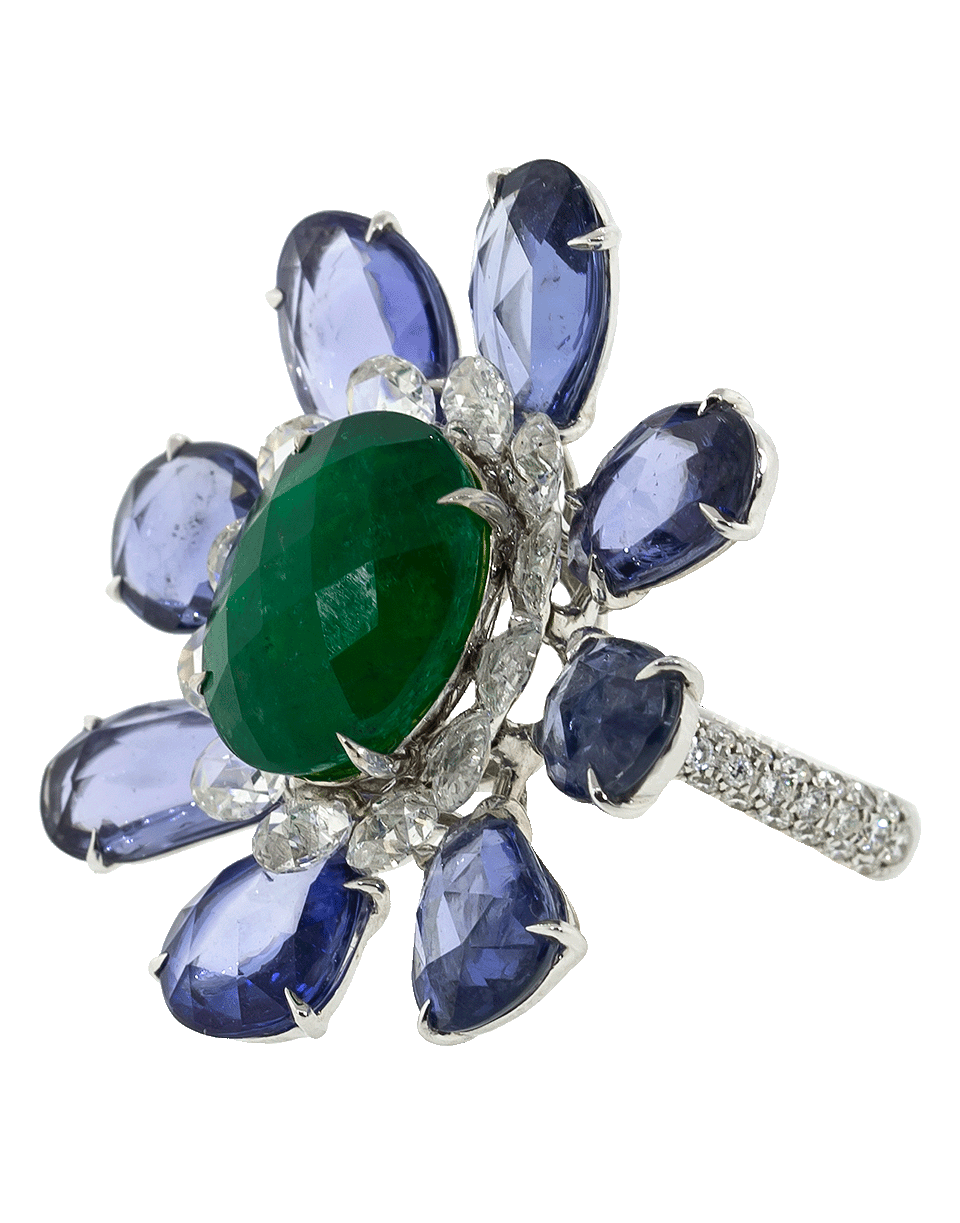 SABOO FINE JEWELS-Blue Sapphire and Emerald Flower Ring-WHITE GOLD
