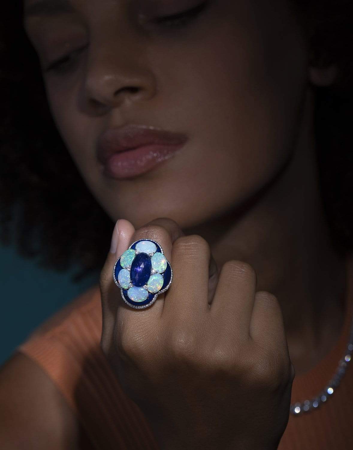 SABOO FINE JEWELS-Blue Sapphire and Opal Flower Ring-WHITE GOLD