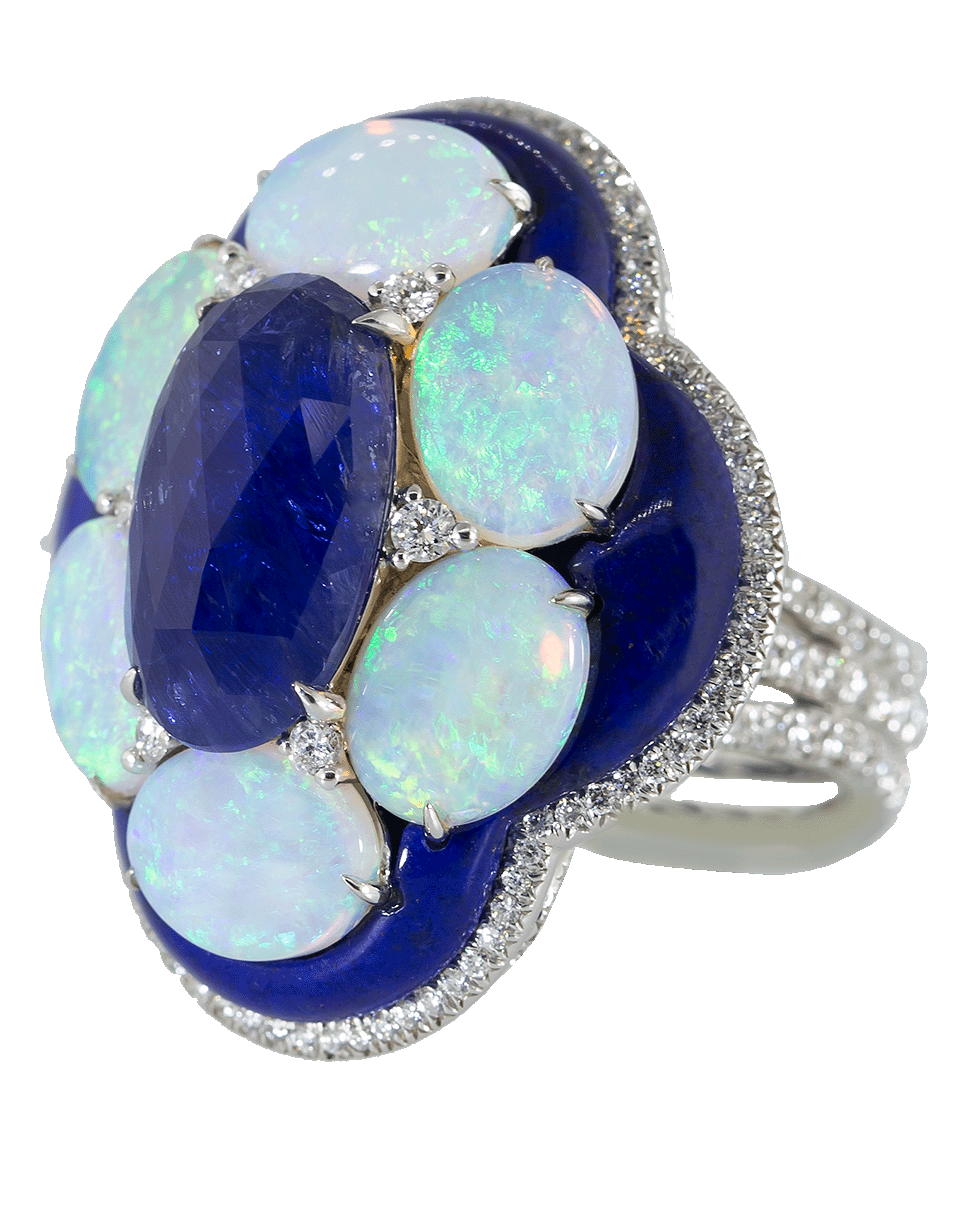 SABOO FINE JEWELS-Blue Sapphire and Opal Flower Ring-WHITE GOLD