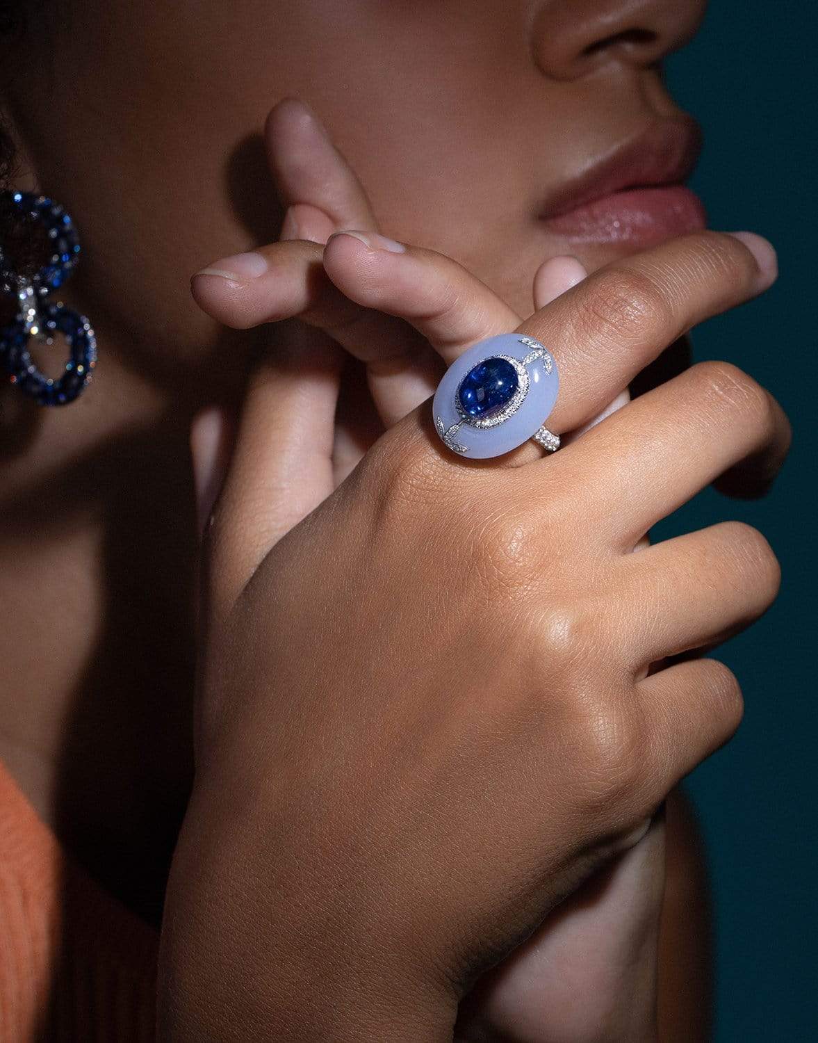 SABOO FINE JEWELS-Cabochon Sapphire and Chalcedony Ring-WHITE GOLD